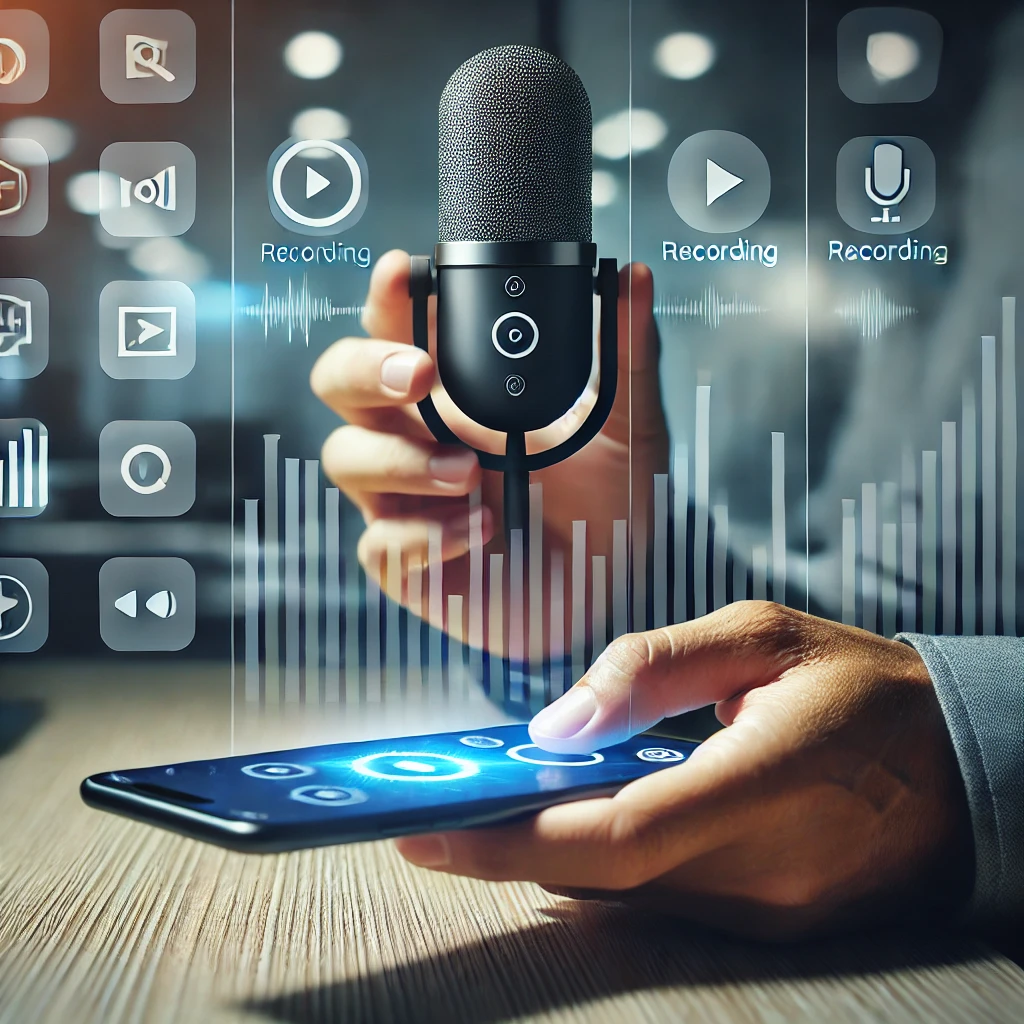Usuário utilizando um smartphone para gravar uma conversa em um ambiente moderno e bem iluminado, representando a praticidade dos aplicativos gratuitos para gravar conversas.