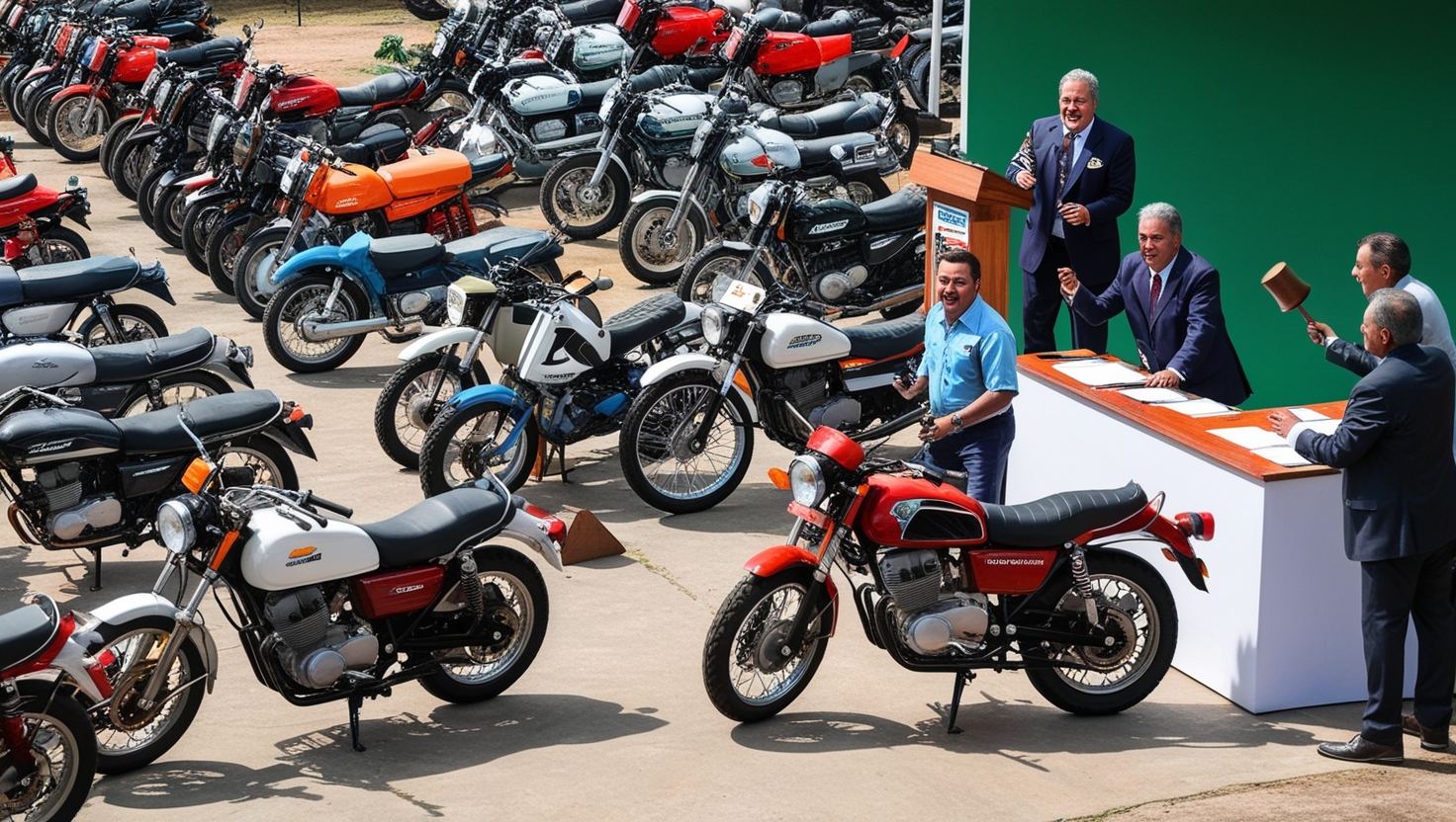 Imagem de um leilão de motos recuperadas pelos bancos no Brasil, mostrando diversas motos e um leiloeiro animado com compradores interessados.