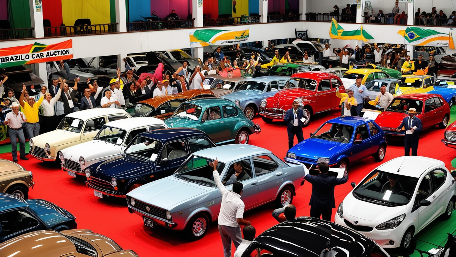 Uma cena vibrante de um leilão de carros no Brasil, com uma variedade de veículos, desde clássicos vintages até carros modernos econômicos, com licitantes entusiasmados e um leiloeiro em uma plataforma elevada.
