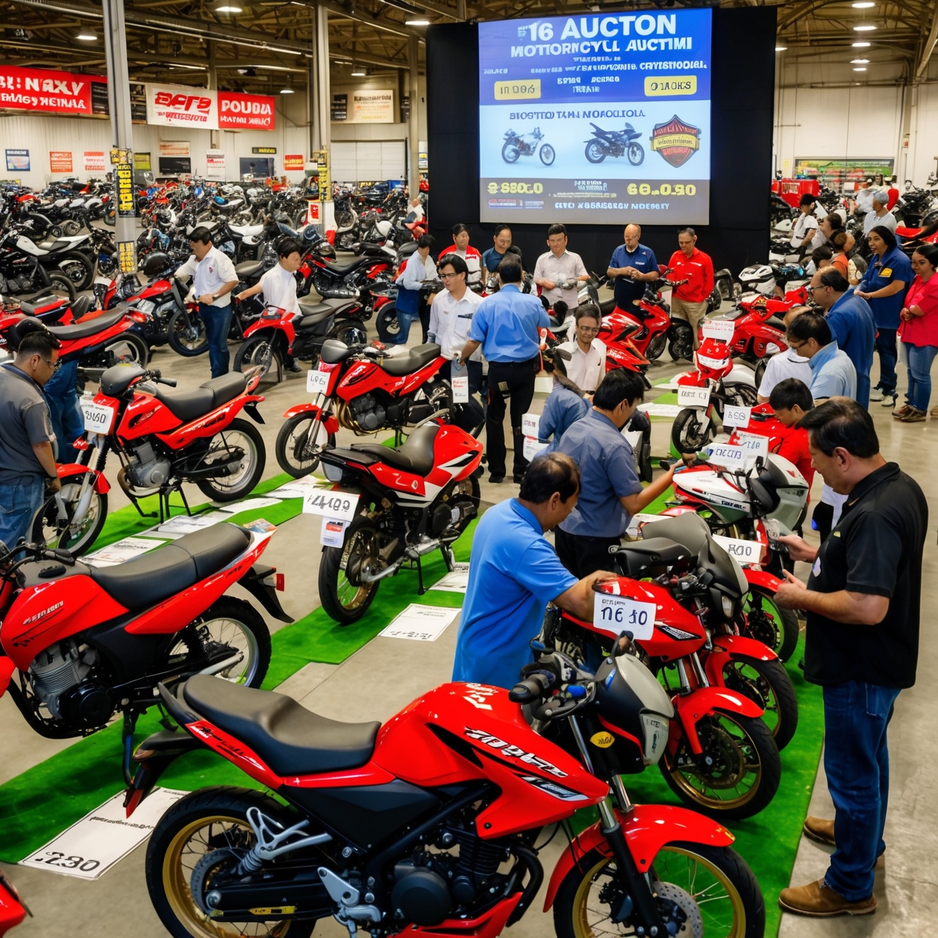Várias pessoas olhando motos em um leilão de motos.