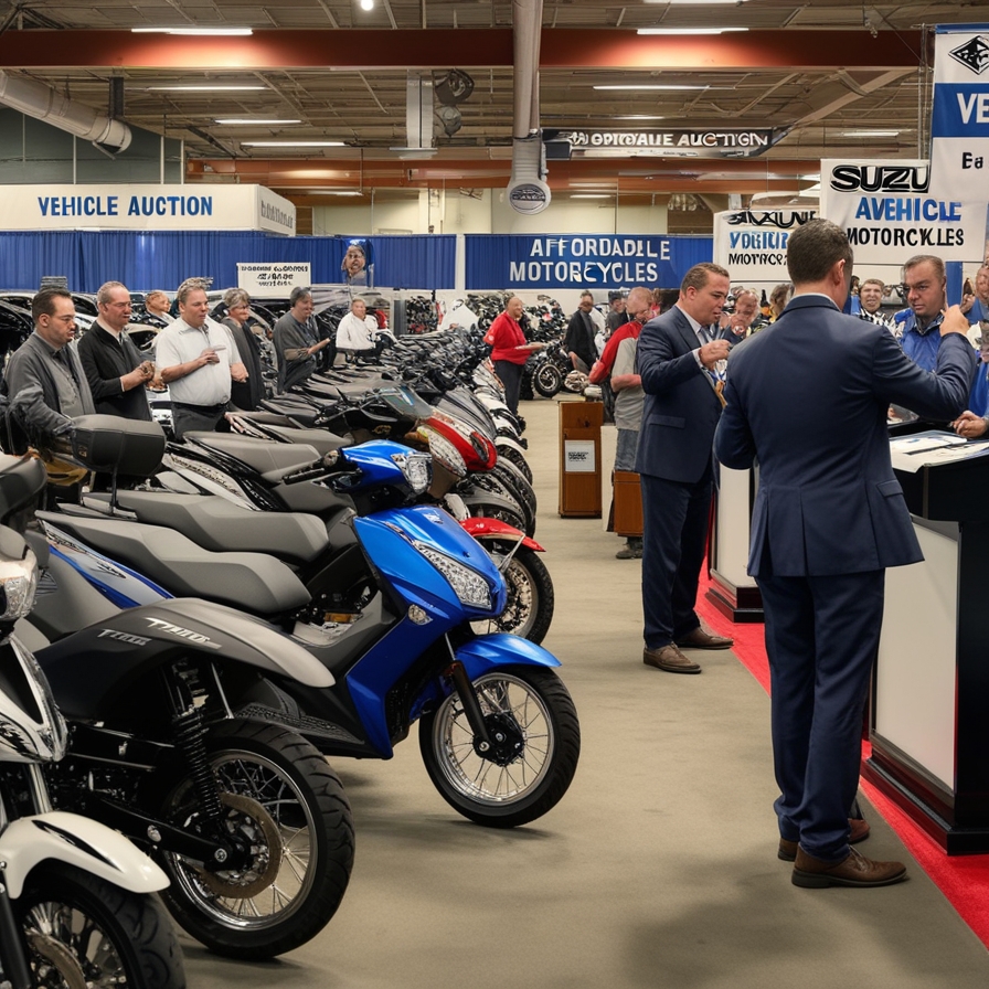 Moto em leilão com placa de arremate, destacando as vantagens de participar.