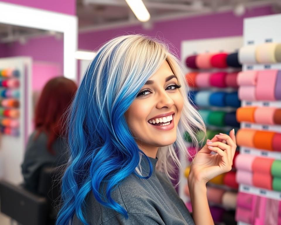 Mulher testando diferentes cores de cabelo