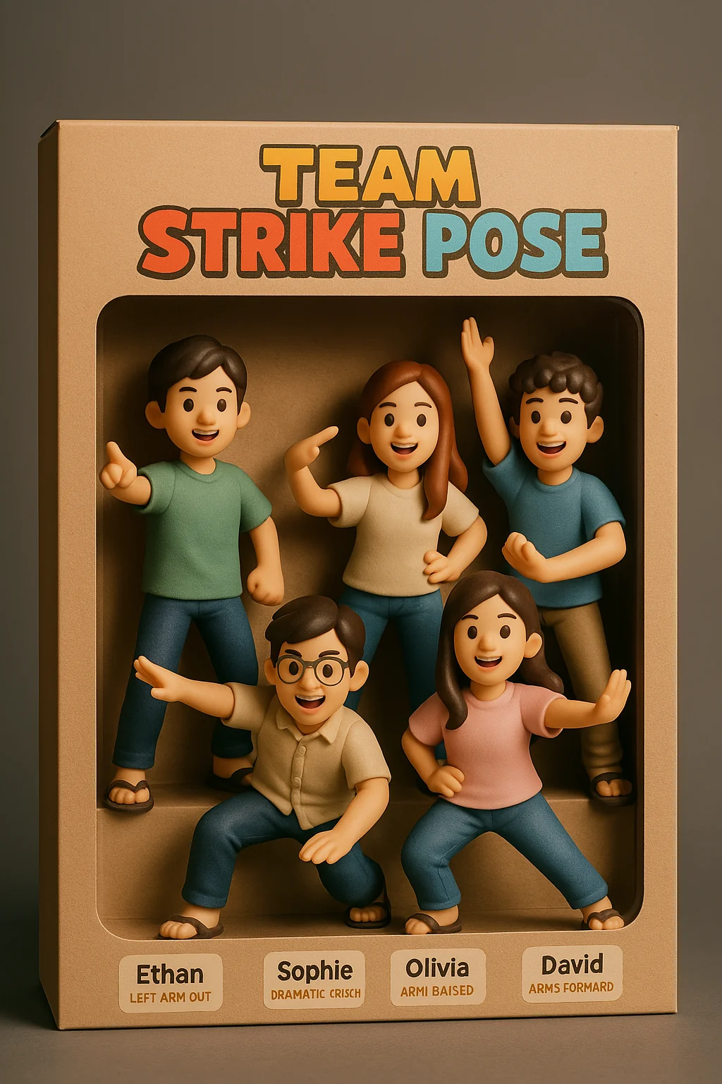 Boneco colecionável de 6 polegadas em embalagem realista com logotipo visível, sobre prateleira de madeira, com iluminação suave ao fundo.