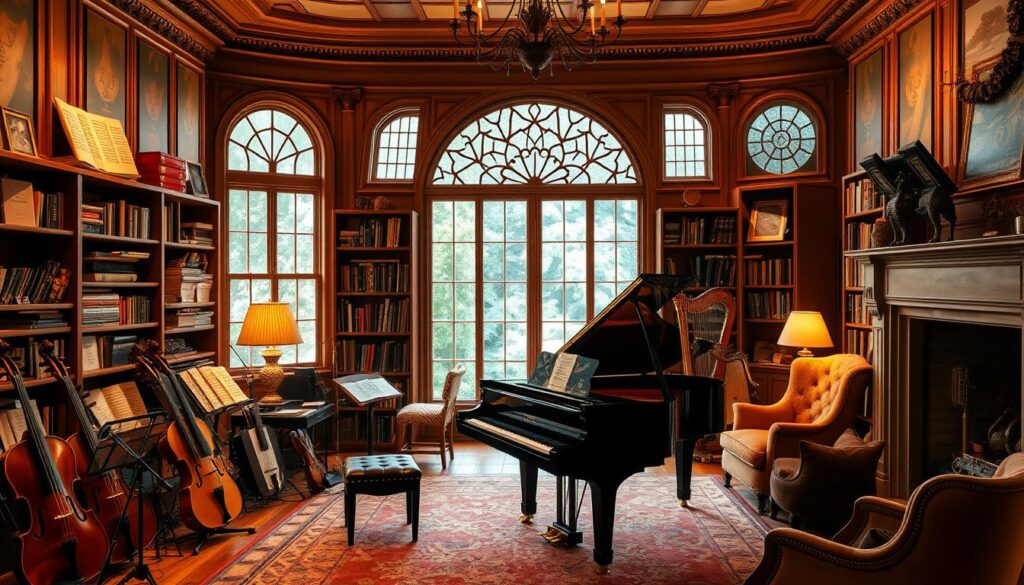 A classical music studio with a warm, inviting atmosphere. In the foreground, a grand piano sits centered, illuminated by soft, golden lighting. Surrounding it, various musical instruments such as violins, cellos, and a harp are elegantly displayed. In the middle ground, bookshelves filled with sheet music and music theory books line the walls, while a large, ornate window offers a view of a tranquil garden outside. The background is a cozy, wood-paneled room with plush, velvet-upholstered chairs and a crackling fireplace, creating a sense of timeless elegance. The overall scene evokes a sense of refined sophistication and a deep appreciation for the timeless beauty of classical music. A classical music studio with a warm, inviting atmosphere. In the foreground, a grand piano sits centered, illuminated by soft, golden lighting. Surrounding it, various musical instruments such as violins, cellos, and a harp are elegantly displayed. In the middle ground, bookshelves filled with sheet music and music theory books line the walls, while a large, ornate window offers a view of a tranquil garden outside. The background is a cozy, wood-paneled room with plush, velvet-upholstered chairs and a crackling fireplace, creating a sense of timeless elegance. The overall scene evokes a sense of refined sophistication and a deep appreciation for the timeless beauty of classical music.