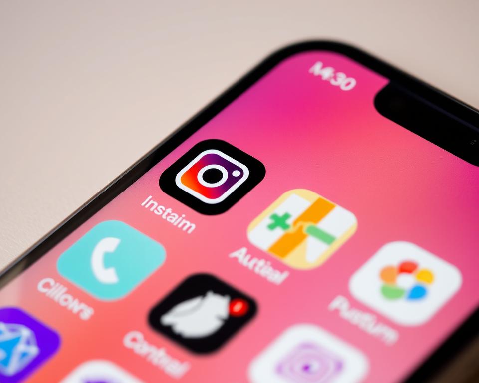 A close-up, detailed view of a modern smartphone screen displaying various mobile app icons, including a prominent Instagram icon. The screen is set against a clean, minimalist background, with soft, warm lighting illuminating the display. The apps are arranged in a visually appealing, organized layout, suggesting a user-friendly interface for discovering who has visited the Instagram profile. The overall mood is one of technology, efficiency, and a sense of being in control of one's online presence.