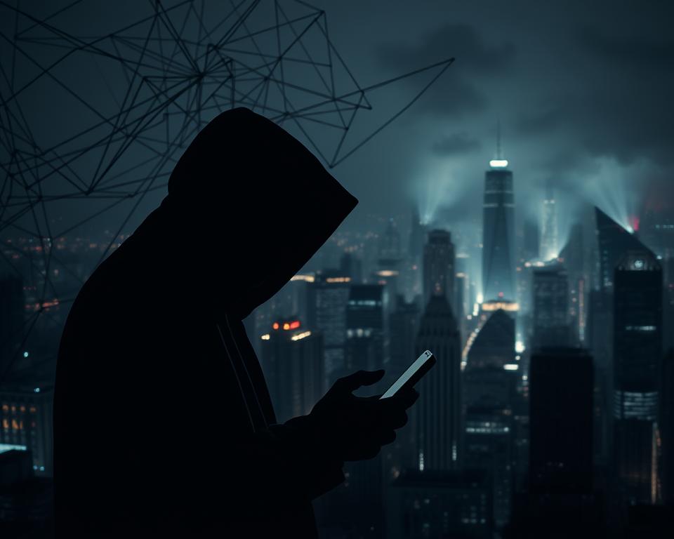 A dark, ominous scene depicting the security risks of using apps to track visitors on a social media profile. In the foreground, a shadowy figure hunched over a smartphone, their face obscured by a hood. The middle ground shows a tangled web of data streams and digital connections, hinting at the complex privacy vulnerabilities. In the background, a cityscape shrouded in an eerie, unsettling atmosphere, with glowing screens and ominous silhouettes. The lighting is dramatic, with deep shadows and harsh contrasts, creating a sense of unease and danger. The overall composition conveys the grave consequences of compromising one's digital security through the careless use of surveillance apps.