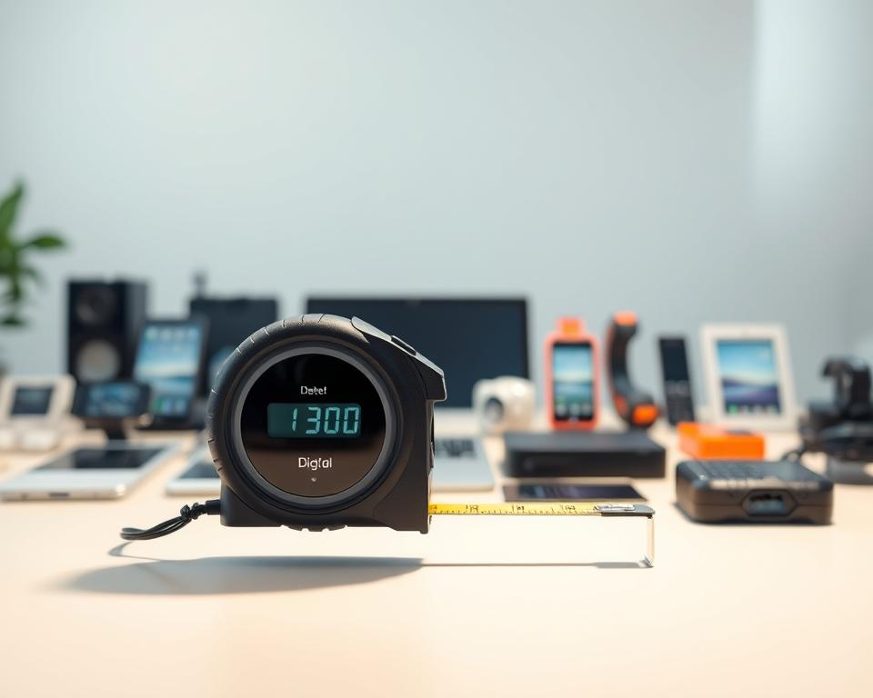 A sleek and modern digital tape measure floating in a well-lit, minimalist workspace. The device is displayed prominently in the foreground, casting a subtle shadow on the clean, off-white desk surface. In the middle ground, an array of digital devices and gadgets, representing the various digital measurement tools available. The background is hazy and out of focus, creating a sense of depth and emphasizing the central focus on the digital tape measure. The overall tone is one of precision, technology, and the seamless integration of digital tools into everyday tasks. A sleek and modern digital tape measure floating in a well-lit, minimalist workspace. The device is displayed prominently in the foreground, casting a subtle shadow on the clean, off-white desk surface. In the middle ground, an array of digital devices and gadgets, representing the various digital measurement tools available. The background is hazy and out of focus, creating a sense of depth and emphasizing the central focus on the digital tape measure. The overall tone is one of precision, technology, and the seamless integration of digital tools into everyday tasks.