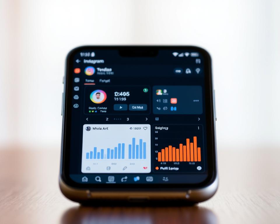 A sleek, modern mobile device displaying a stylized Instagram profile analytics dashboard. The foreground features a close-up view of the device's screen, showcasing a clean and intuitive user interface with graphs, statistics, and profile insights. The middle ground includes subtle details like on-screen icons, menu options, and data visualizations, all rendered in a minimalist, high-contrast aesthetic. The background is a softly blurred, gradient-based environment, creating a sense of depth and focus on the central device. The overall mood is professional, informative, and visually appealing, reflecting the capabilities of the featured "Instagram profile analysis apps". A sleek, modern mobile device displaying a stylized Instagram profile analytics dashboard. The foreground features a close-up view of the device's screen, showcasing a clean and intuitive user interface with graphs, statistics, and profile insights. The middle ground includes subtle details like on-screen icons, menu options, and data visualizations, all rendered in a minimalist, high-contrast aesthetic. The background is a softly blurred, gradient-based environment, creating a sense of depth and focus on the central device. The overall mood is professional, informative, and visually appealing, reflecting the capabilities of the featured "Instagram profile analysis apps".
