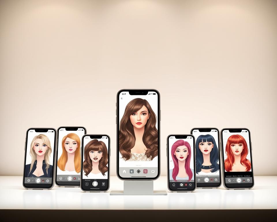 A sleek, modern smartphone display showcasing a selection of stylized hair styling apps, arranged neatly against a minimalist, light-filled backdrop. The apps feature elegant, intuitive interfaces with customizable hair models, allowing users to virtually experiment with different haircuts, colors, and styles. The display is illuminated by soft, diffused lighting, creating a clean, professional atmosphere that invites the viewer to imagine the transformative power of these virtual styling tools. The overall composition conveys a sense of technology-enabled self-expression and the convenience of being able to "try on" new looks before committing to a real-world change. A sleek, modern smartphone display showcasing a selection of stylized hair styling apps, arranged neatly against a minimalist, light-filled backdrop. The apps feature elegant, intuitive interfaces with customizable hair models, allowing users to virtually experiment with different haircuts, colors, and styles. The display is illuminated by soft, diffused lighting, creating a clean, professional atmosphere that invites the viewer to imagine the transformative power of these virtual styling tools. The overall composition conveys a sense of technology-enabled self-expression and the convenience of being able to "try on" new looks before committing to a real-world change.