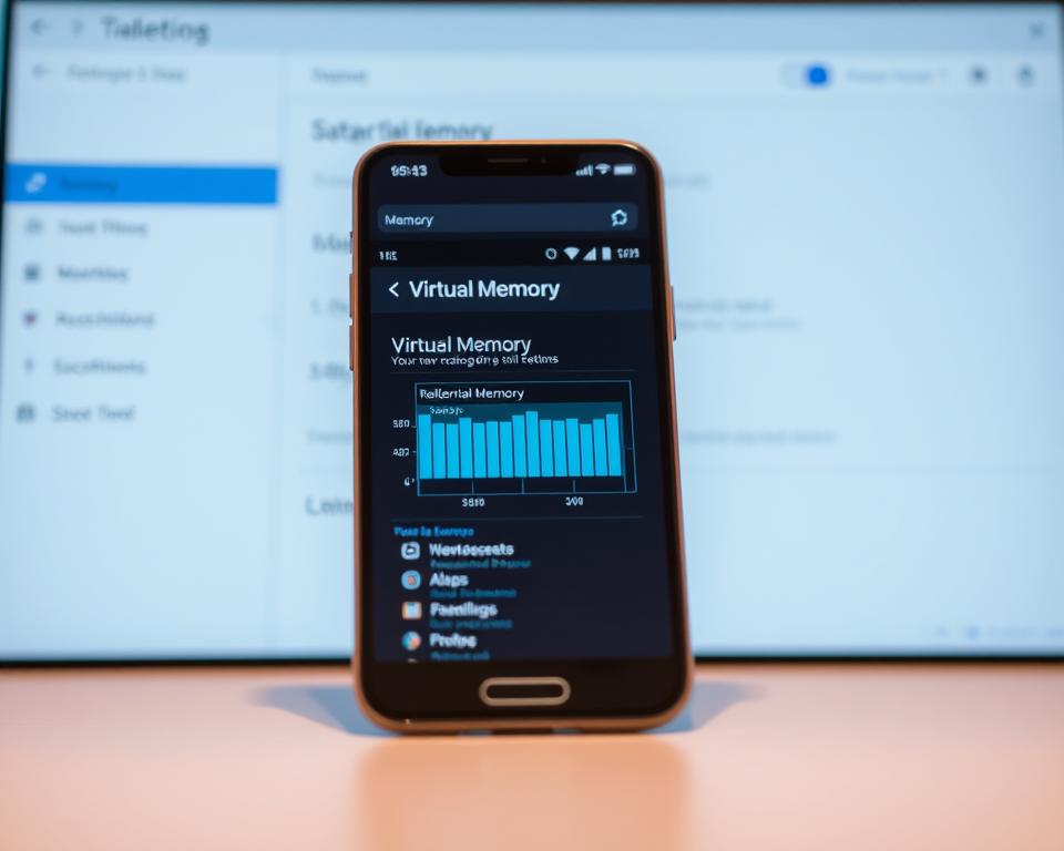 A smartphone displayed in the foreground, its screen showing a detailed visualization of virtual memory management. The background features a minimalist, clean interface with system settings and memory optimization tools. Soft, warm lighting illuminates the scene, conveying a sense of focus and efficiency. The angle is slightly elevated, providing a clear view of the smartphone's display and emphasizing the technical aspects of virtual memory utilization on mobile devices.