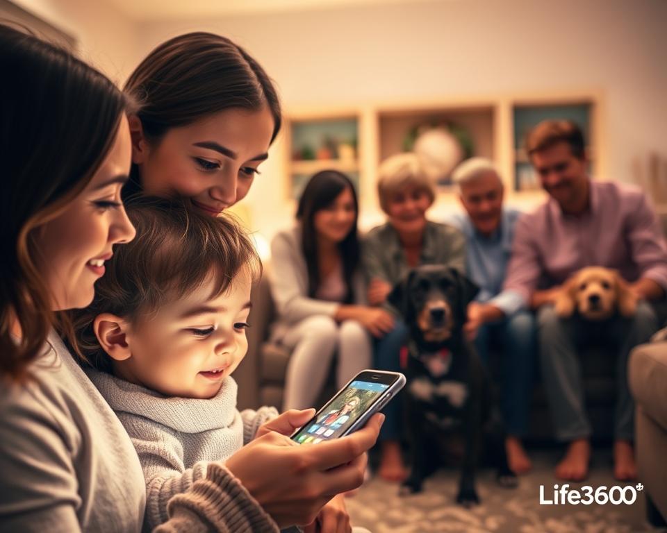A warm, family-centric scene depicting the Life360 app's key features. In the foreground, a mother and child are interacting with a smartphone, their faces lit by the soft glow of the screen. The middle ground shows a group of diverse family members - grandparents, siblings, pets - gathered together, connected through the app's safety and communication tools. The background features a cozy, inviting home interior with muted tones and gentle lighting, conveying a sense of security and belonging. The overall mood is one of trust, care, and the reassurance that comes from having a supportive network at one's fingertips. A warm, family-centric scene depicting the Life360 app's key features. In the foreground, a mother and child are interacting with a smartphone, their faces lit by the soft glow of the screen. The middle ground shows a group of diverse family members - grandparents, siblings, pets - gathered together, connected through the app's safety and communication tools. The background features a cozy, inviting home interior with muted tones and gentle lighting, conveying a sense of security and belonging. The overall mood is one of trust, care, and the reassurance that comes from having a supportive network at one's fingertips.