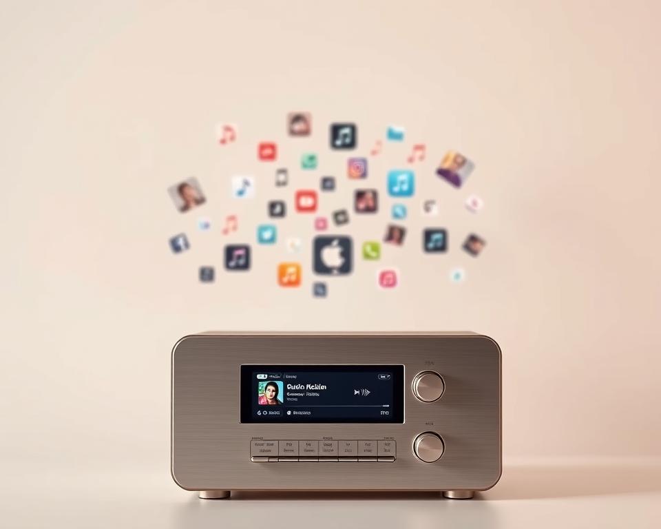 Personalized radio stations with a modern, minimalist aesthetic. A sleek, brushed metal radio interface dominates the foreground, its display showing a customized station with genre tags and album art. In the middle ground, a variety of music-streaming apps and icons float in a blurred, ethereal space, hinting at the diversity of customization options. The background is a soft, gradient-based color palette, creating a calming, elegant atmosphere that evokes the joy of discovering new music. Crisp lighting from an unseen source casts subtle shadows, adding depth and dimension to the composition. An overall sense of simplicity, sophistication, and user control pervades the scene.