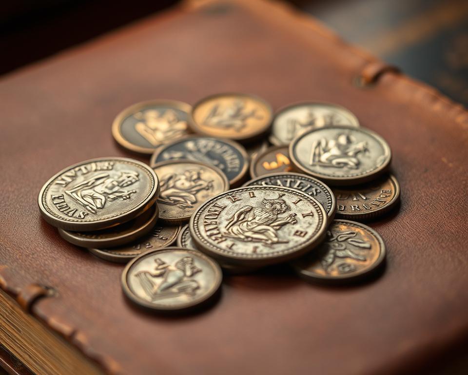 A closeup of several ancient coins resting on a worn, leather-bound book. The coins are arranged in a scattered, haphazard pattern, reflecting the benefits of carefully identifying and cataloging rare collectibles. Soft, warm lighting casts a gentle glow, drawing attention to the intricate designs and varying patinas of the coins. The background is blurred, emphasizing the main subject. The overall atmosphere conveys a sense of historical significance and the joy of discovering valuable numismatic treasures.