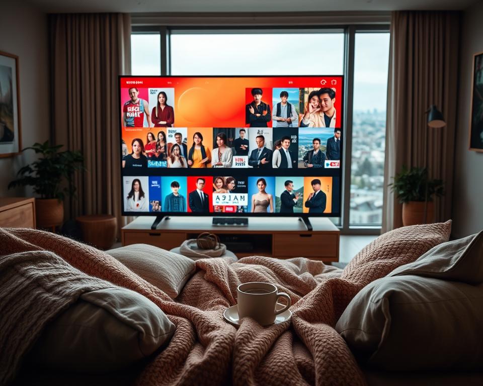 A cozy living room scene, with a large TV screen in the foreground showcasing a vibrant array of Asian drama series. The screen is surrounded by plush cushions, a warm blanket, and a steaming mug of tea, creating a inviting and comfortable atmosphere. The middle ground features a minimalist, Scandinavian-inspired interior with earthy tones and natural wood accents. In the background, a window overlooks a serene cityscape, hinting at the global reach of Asian entertainment. Soft, diffused lighting casts a gentle glow throughout the scene, evoking a sense of relaxation and escapism.