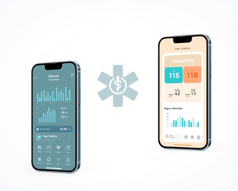 A crisp, clean, and modern illustration of glucose monitoring mobile apps, showcasing their user-friendly interfaces and key functionalities. The foreground features several smartphone screens displaying glucose tracking charts, nutritional data, and medication reminders. The middle ground depicts a stylized medical icon or symbol, symbolizing the health-focused nature of these apps. The background is a soft, minimalist gradient, allowing the app visuals to take center stage. The overall mood is professional, informative, and visually engaging, effectively capturing the essence of "the best glucose monitoring apps in 2023."