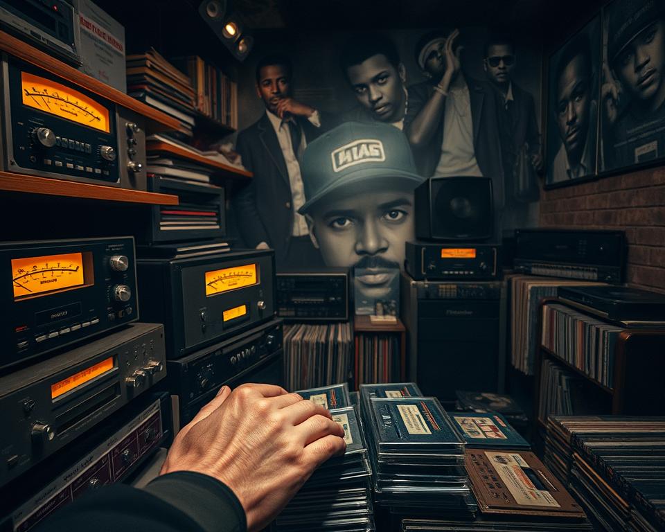A dimly lit underground studio filled with vintage audio equipment, shelves overflowing with rare mixtapes and vinyl records. In the foreground, a pair of aged hands carefully curating through a stack of cassette tapes, the soft glow of analog meters casting a warm, nostalgic light. The background features a mural of iconic hip-hop artists, their images faded and weathered, a testament to the rich history and culture of this hidden musical realm. The scene is bathed in a moody, sepia-toned atmosphere, evoking a sense of reverence and discovery for the audiophile exploring these forgotten sonic treasures.