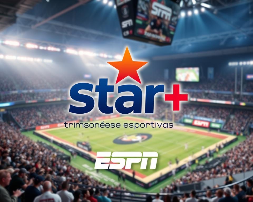 A high-quality, photorealistic image of the "Star+ transmissões esportivas" logo and branding displayed prominently in the foreground. The logo should be rendered with precise attention to detail, capturing the vibrant colors, sleek typography, and distinctive star shape. In the middle ground, depict a dynamic sports arena or stadium scene, showcasing a lively event with athletes, spectators, and the energy of the live broadcast. The background should convey a sense of the overall ESPN brand, with subtle hints of their iconic branding elements and color palette. The lighting should be natural and cinematic, creating a visually striking and immersive composition that captures the essence of the "Star+: A Experiência Completa da ESPN" section.