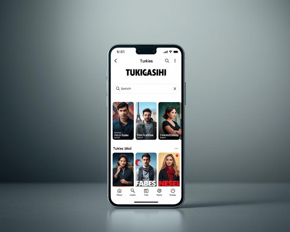 A modern, minimalist mobile app interface showcasing a selection of Turkish drama series. The foreground features a clean, intuitive app design with bold typography and eye-catching thumbnails of popular show titles. The middle ground includes carefully curated show posters and character portraits, conveying the rich, diverse world of Turkish entertainment. The background softly blurs into a subtle gradient, creating a sense of depth and focus on the app experience. The overall mood is sleek, inviting, and designed to highlight the high-quality, free access to a wide range of engaging Turkish series.