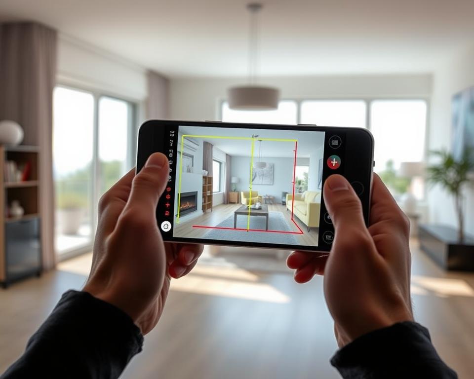 A modern, well-lit interior space showcasing the MagicPlan app in use. In the foreground, a person's hands hold a smartphone, the MagicPlan interface visible on the screen, as they measure the dimensions of a room. In the middle ground, the room's walls, floor, and furniture are clearly visible, allowing the user to visualize the space being mapped. The background features clean, minimalist decor, with natural lighting streaming in through large windows, creating a sense of openness and airiness. The overall scene conveys the ease and precision of using MagicPlan for internal measurements and home projects.