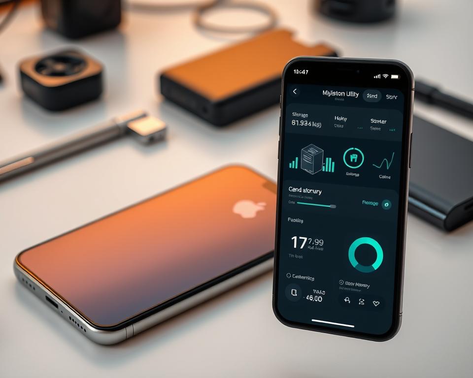 A pristine smartphone screen, its surface reflecting the warm glow of a softly diffused lighting setup. The device rests on a clean, minimalist workspace, surrounded by neatly organized digital tools and accessories. In the foreground, a digital cleaning utility interface hovers, its intuitive controls and analytics providing a comprehensive overview of the phone's storage and memory optimization. The overall scene conveys a sense of efficiency, organization, and the satisfying feeling of a thorough, in-depth digital cleansing.