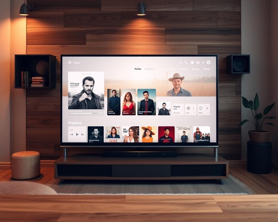 A specialized music platform for country music, showcasing a sleek, minimalist interface on a high-resolution digital display. The foreground features a clean, intuitive layout with large album artwork and music controls. The middle ground highlights artist portraits and genre-specific playlists, with a warm, ambient lighting creating a cozy, inviting atmosphere. The background subtly blends rustic, wooden textures and muted earth tones, evoking the natural, down-to-earth essence of country music. The entire scene is captured with a wide-angle lens, emphasizing the platform's comprehensive and immersive musical experience.