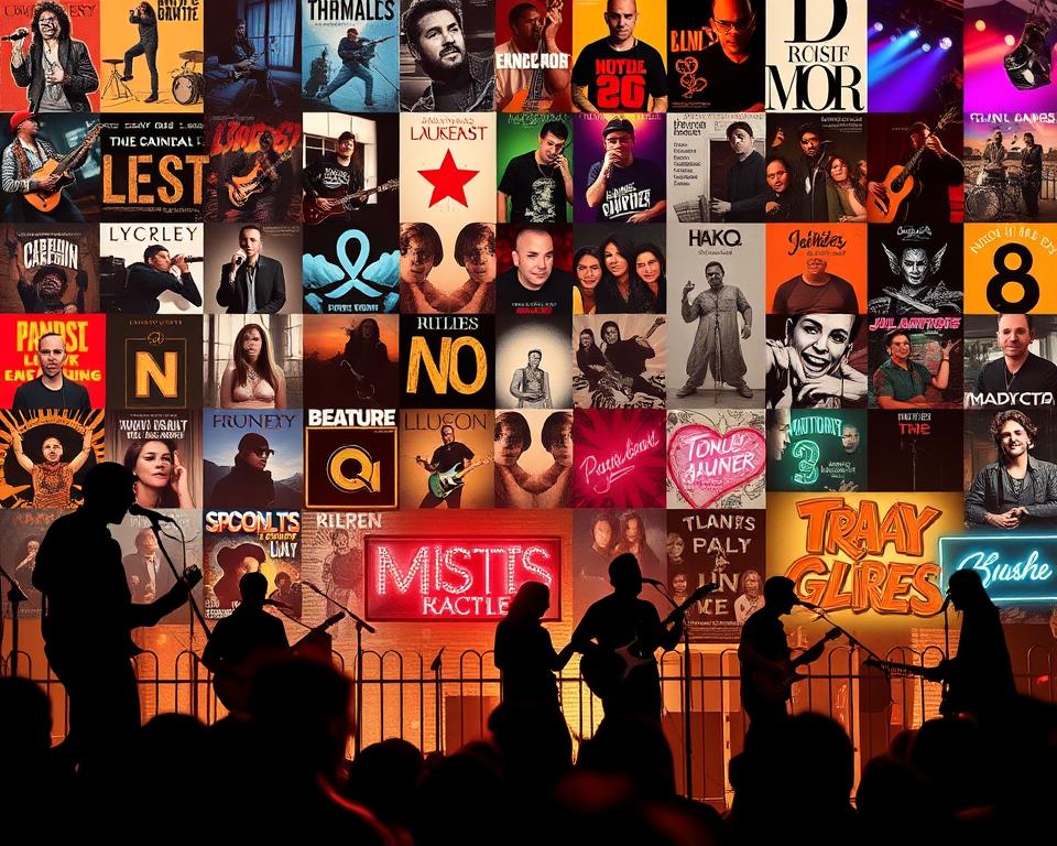 A vibrant collage of independent artists, their diverse musical styles and creative expressions captured in a dynamic visual tapestry. In the foreground, silhouettes of musicians performing on stage, their instruments and movements frozen in time. The middle ground features a kaleidoscope of album covers, concert posters, and candid shots of artists in their creative environments. The background showcases a lively cityscape, with neon-lit music venues, recording studios, and street art that reflects the energy and independent spirit of the local music scene. Warm lighting and a soft, nostalgic color palette evoke a sense of timeless artistry and the enduring appeal of discovering new, emerging talent. A vibrant collage of independent artists, their diverse musical styles and creative expressions captured in a dynamic visual tapestry. In the foreground, silhouettes of musicians performing on stage, their instruments and movements frozen in time. The middle ground features a kaleidoscope of album covers, concert posters, and candid shots of artists in their creative environments. The background showcases a lively cityscape, with neon-lit music venues, recording studios, and street art that reflects the energy and independent spirit of the local music scene. Warm lighting and a soft, nostalgic color palette evoke a sense of timeless artistry and the enduring appeal of discovering new, emerging talent.