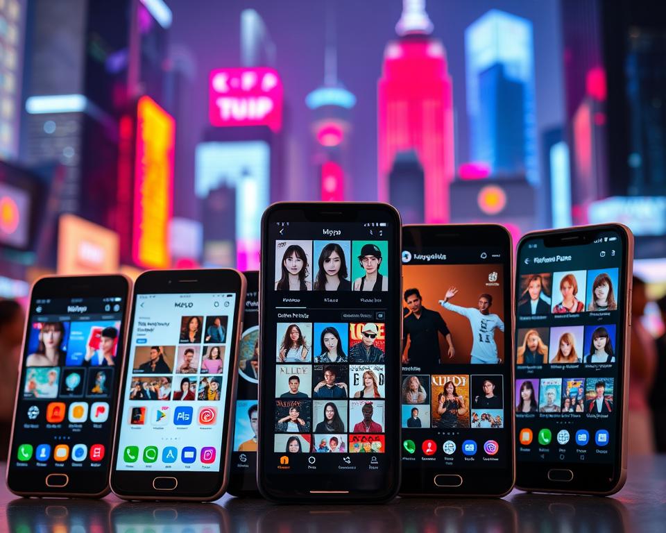 A vibrant, eye-catching image of popular K-pop mobile applications. In the foreground, sleek smartphone screens display various K-pop fan apps, showcasing their colorful interfaces and intuitive designs. The middle ground features a collection of K-pop artists' album covers, album art, and merchandise, creating a sense of immersion in the K-pop universe. In the background, a dynamic cityscape with neon lights and skyscrapers sets the urban, contemporary tone. The lighting is warm and inviting, creating a visually appealing and aesthetically pleasing scene that captures the essence of the K-pop fan experience.
