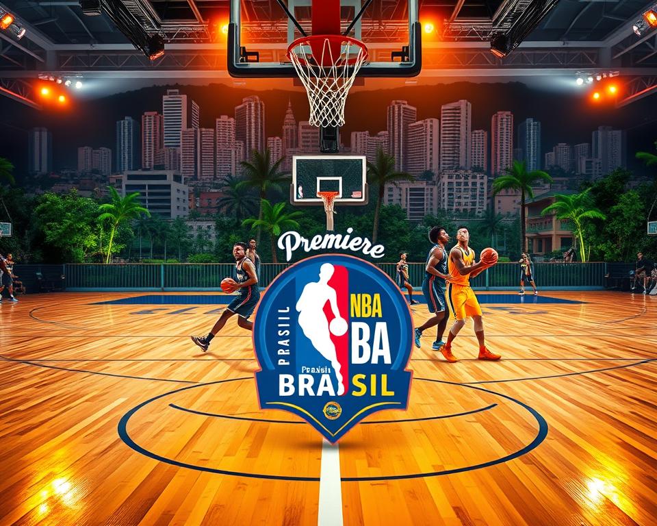 An elegant basketball court with a vibrant Brazilian flair, illuminated by warm, golden lighting. In the foreground, a captivating logo for "Premiere NBA Brasil" stands out, its design capturing the energy and passion of the local basketball community. The middle ground features professional athletes in dynamic poses, showcasing their skills on the hardwood. In the background, a bustling cityscape with iconic Brazilian architecture and lush foliage creates a sense of place, transporting the viewer to the heart of the nation's basketball scene. The overall composition conveys a sense of excitement, pride, and the growing prominence of the NBA in Brazil.