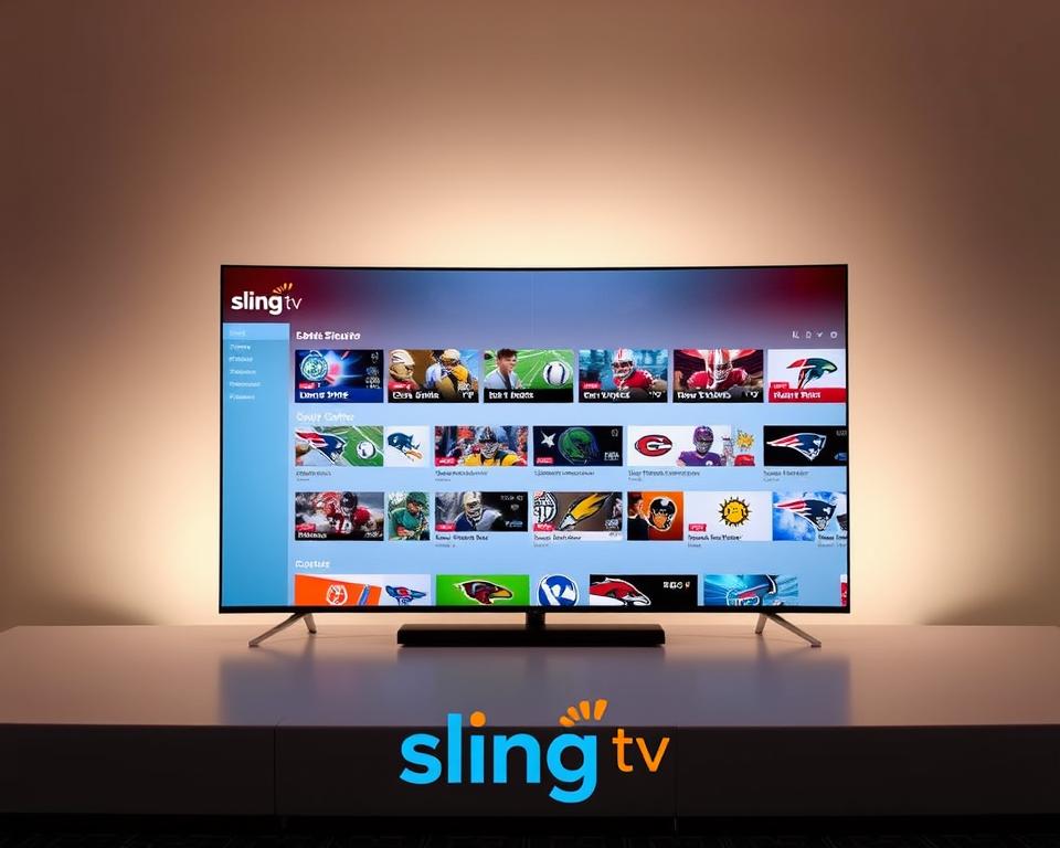 An expansive view of the Sling TV interface showcasing the NFL live streaming options, set against a sleek and modern backdrop. The foreground features the Sling TV logo and clean, intuitive navigation, guiding the user towards the various NFL game broadcasts available. The middle ground displays a grid of team logos and live game scores, while the background subtly fades into a soft, neutral tone, allowing the content to take center stage. Subtle lighting accentuates the digital interface, creating a sense of depth and technical sophistication. The overall mood is one of seamless accessibility, empowering the viewer to effortlessly enjoy the NFL experience through the Sling TV platform.