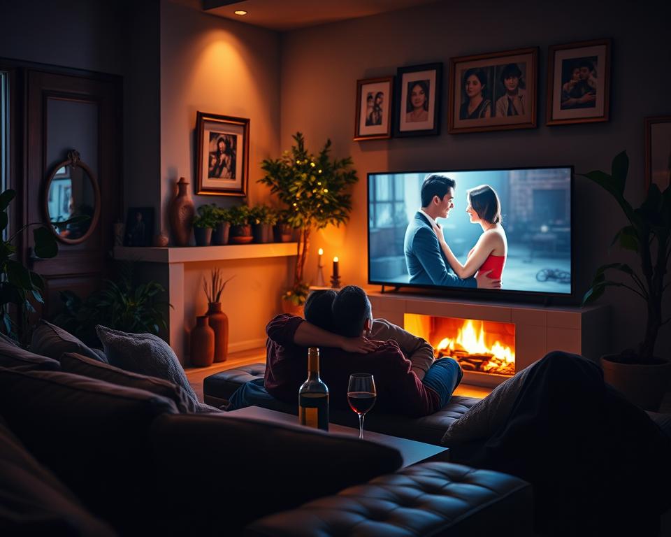 Cozy romantic night with films: A dimly lit living room with a plush sofa, soft lighting from a fireplace, and a large flatscreen TV displaying a romantic movie scene. On the coffee table, a bottle of wine and two glasses. Lush indoor plants and framed art pieces adorn the walls, creating a warm, intimate atmosphere. Soft textures of velvet, wood, and leather throughout. The focus is on a couple snuggled up on the couch, sharing a moment together as they enjoy the movie. Cozy romantic night with films: A dimly lit living room with a plush sofa, soft lighting from a fireplace, and a large flatscreen TV displaying a romantic movie scene. On the coffee table, a bottle of wine and two glasses. Lush indoor plants and framed art pieces adorn the walls, creating a warm, intimate atmosphere. Soft textures of velvet, wood, and leather throughout. The focus is on a couple snuggled up on the couch, sharing a moment together as they enjoy the movie.