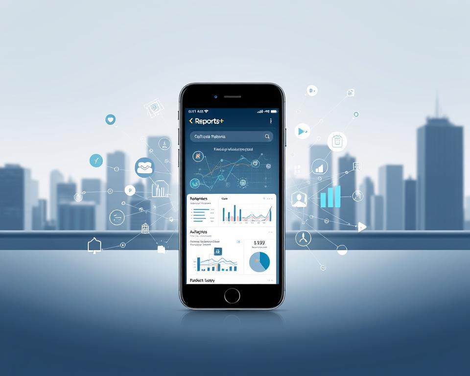 Funcionamento do Reports+: a detailed illustration showcasing the inner workings of the Reports+ app. In the foreground, a sleek mobile device displays the app's user interface, highlighting its features and data visualization tools. The middle ground depicts intricate data streams and analytics algorithms, represented by geometric shapes and fluid lines. In the background, a minimalist cityscape sets the scene, suggesting the app's urban, professional context. The lighting is soft and diffused, creating a sense of clarity and focus. The overall composition conveys the app's sophisticated functionality, data-driven insights, and intuitive user experience.