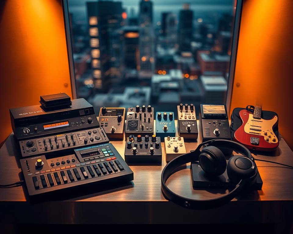 Intricate musical accessories arranged in a sleek and modern display, illuminated by warm, directional lighting that casts dramatic shadows. In the foreground, a high-end audio interface, sleek MIDI controllers, and a pair of studio-grade headphones sit atop a minimalist, brushed metal surface. In the middle ground, a selection of boutique guitar pedals and effect units are showcased, their knobs and switches inviting hands-on experimentation. The background features a blurred, out-of-focus cityscape, hinting at the urban, creative environment that inspires musicians. The overall mood is one of sophistication, exclusivity, and the promise of enhanced musical expression.