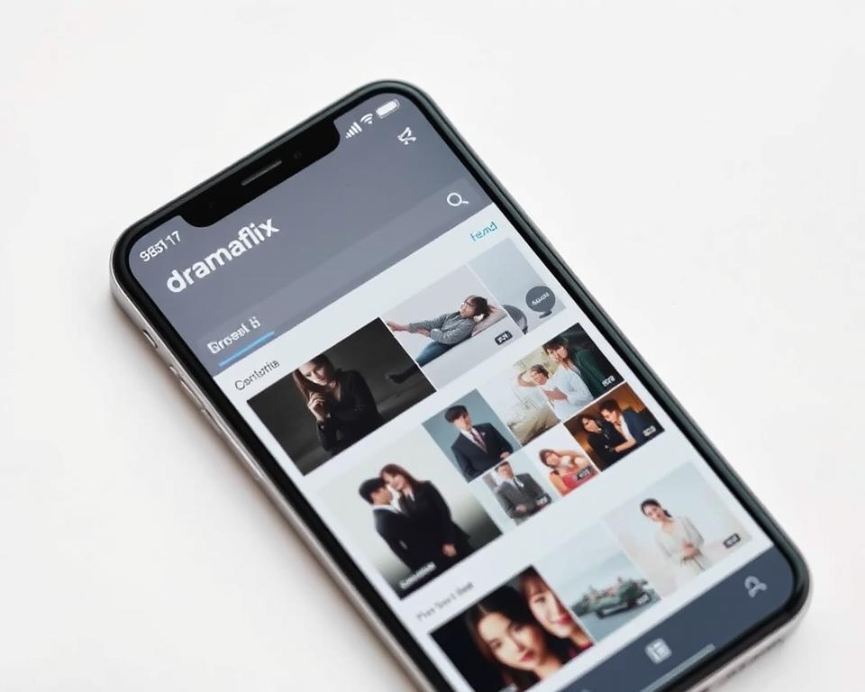 A clean, minimalist mobile app interface with a focus on simplicity and organization. Dramaflix logo prominently displayed at the top of the screen, with a sleek and intuitive navigation menu below. The main content area features a grid of thumbnails for different Korean drama titles, each with a clean and cohesive visual style. Muted color palette with soft lighting, creating a calming and immersive atmosphere. Camera angle slightly elevated to provide a bird's-eye view of the app, conveying a sense of order and structure. Overall, the image should communicate the app's ease of use and ability to help users discover and enjoy Korean dramas with minimal hassle.