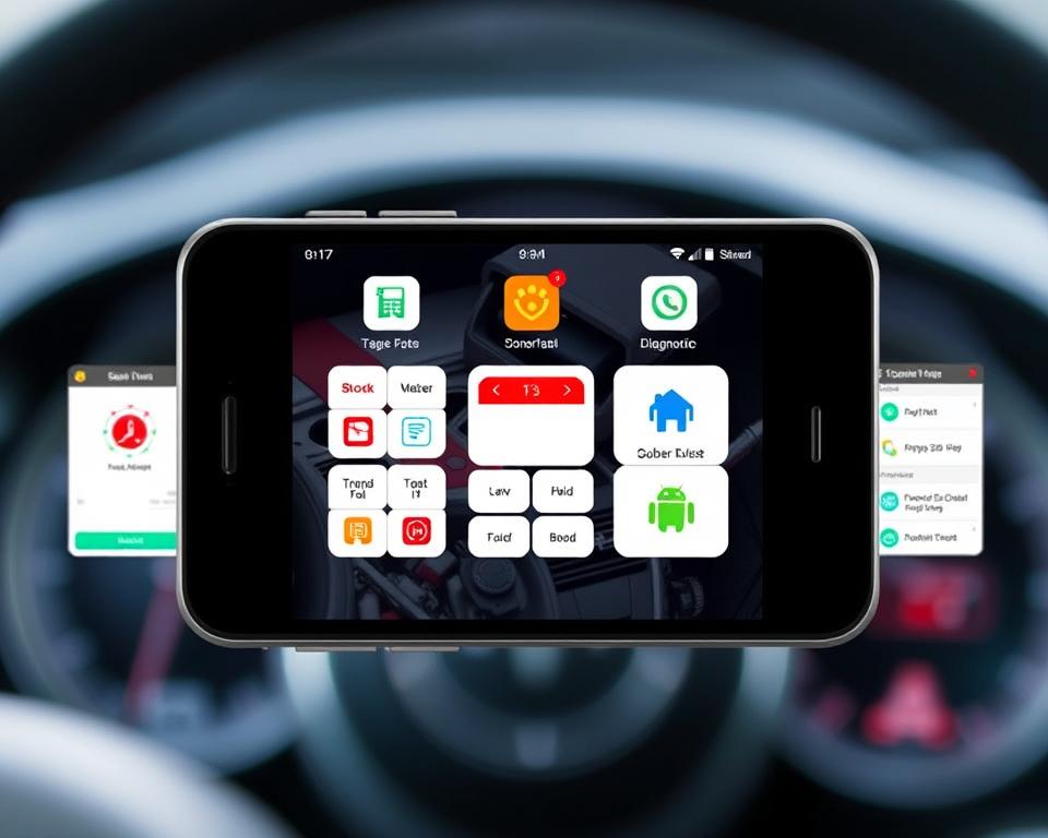 A collection of automotive diagnostic apps displayed on a sleek, modern smartphone screen. The apps feature clean, intuitive interfaces with icons and buttons representing various vehicle systems and diagnostic functions. The screen is well-lit, showcasing the apps' visual clarity and ease of use. In the background, a blurred image of a car's dashboard or engine bay provides context, suggesting the real-world application of these digital tools. The overall scene conveys a sense of technological sophistication and the power of mobile devices to simplify the process of automotive diagnosis and maintenance.