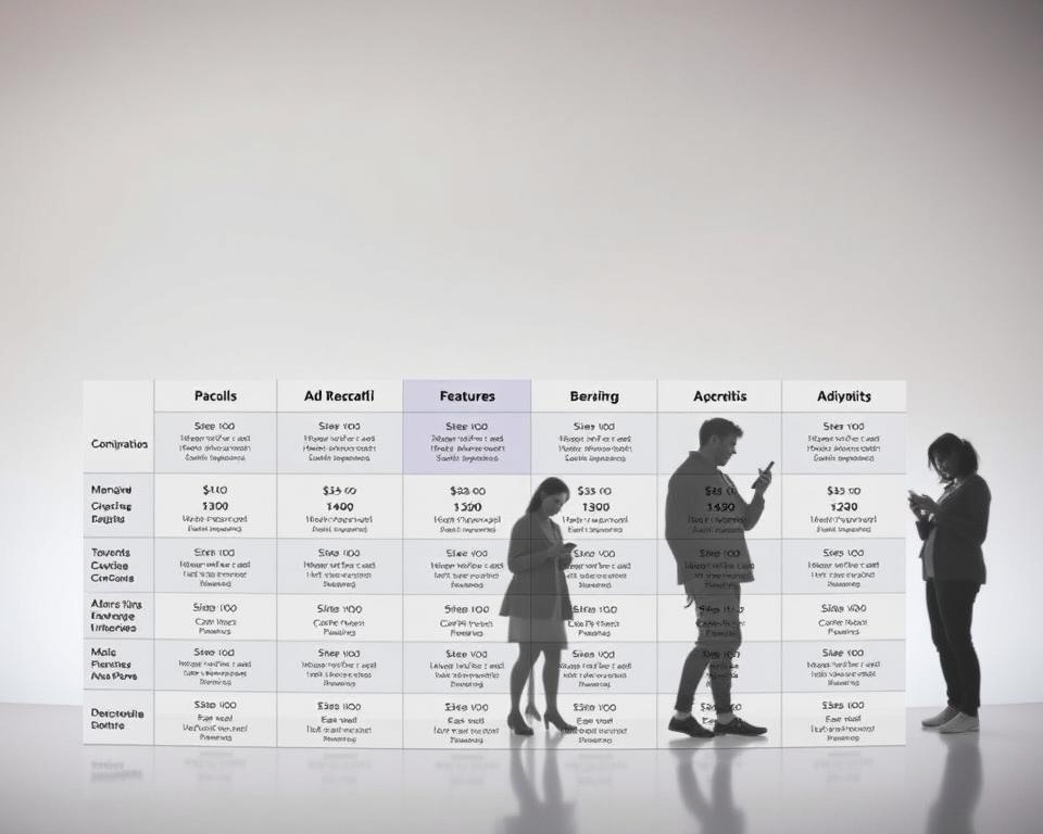 A comparative analysis of various music subscription plans, showcased in a clean, minimalist layout. The foreground features a grid of plan details, including pricing, features, and benefits, presented in a clear, organized manner. The middle ground depicts silhouettes of people enjoying music on their devices, conveying the personal experience. The background is a soft, gradient hue, providing a serene and focused atmosphere. Captured with a wide-angle lens, the image is well-lit, with subtle shadows and highlights to enhance the sense of depth and clarity. The overall tone is professional, informative, and visually appealing, perfectly suited to illustrate the "Comparativo de Planos e Preços" section of the article.