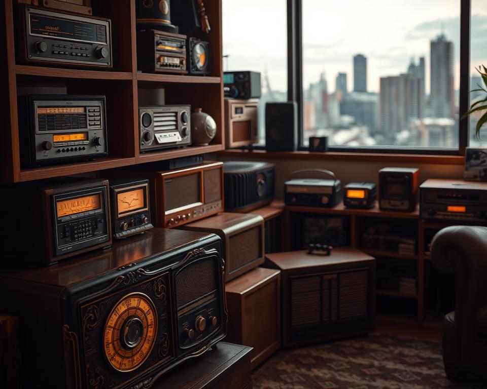 A cozy, dimly lit living room with vintage wooden shelves lined with analog radios in various shapes and sizes. The radios are tuned to different stations, each emanating a soft, warm glow and the gentle crackle of old-school audio. In the foreground, an ornate, antique radio sits prominently, its dials and buttons beckoning to be explored. The middle ground features a collection of radios in various shades of brown, beige, and chrome, each with its own distinct character. The background showcases a panoramic window overlooking a city skyline, hinting at the ability to tune in to national music stations from around the country. The overall atmosphere is one of nostalgia, discovery, and the timeless allure of analog sound.