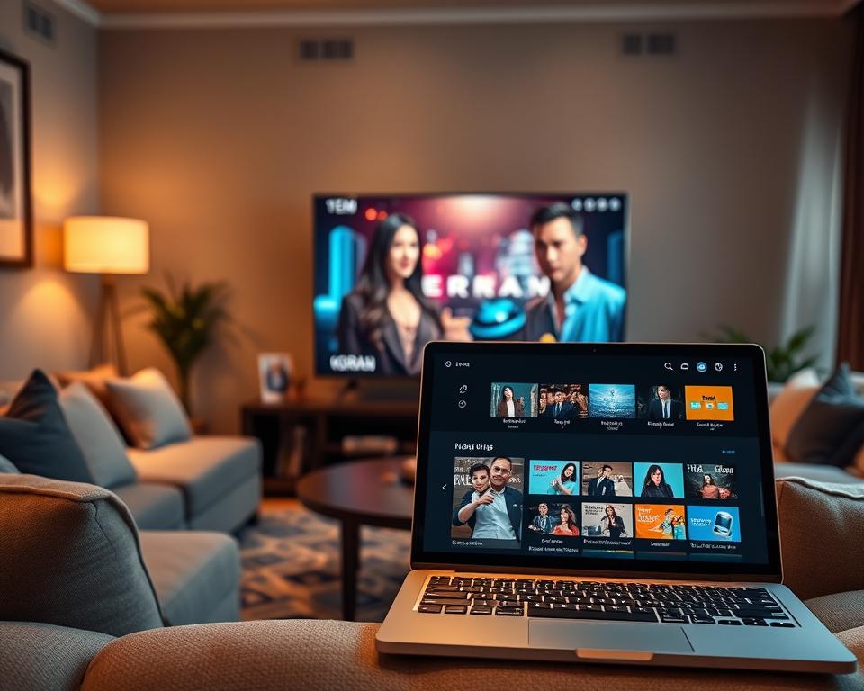 A cozy living room with a large flat-screen TV taking center stage, surrounded by plush seating and warm lighting. On the TV screen, a vibrant and cinematic Korean drama plays, captivating the viewer. In the foreground, a laptop or tablet is open, displaying a sleek and user-friendly streaming platform interface, allowing for seamless access to a vast collection of Korean dramas. The room is decorated with subtle Asian-inspired accents, creating an immersive and inviting atmosphere for the viewer to get lost in the captivating world of Korean entertainment. A cozy living room with a large flat-screen TV taking center stage, surrounded by plush seating and warm lighting. On the TV screen, a vibrant and cinematic Korean drama plays, captivating the viewer. In the foreground, a laptop or tablet is open, displaying a sleek and user-friendly streaming platform interface, allowing for seamless access to a vast collection of Korean dramas. The room is decorated with subtle Asian-inspired accents, creating an immersive and inviting atmosphere for the viewer to get lost in the captivating world of Korean entertainment.