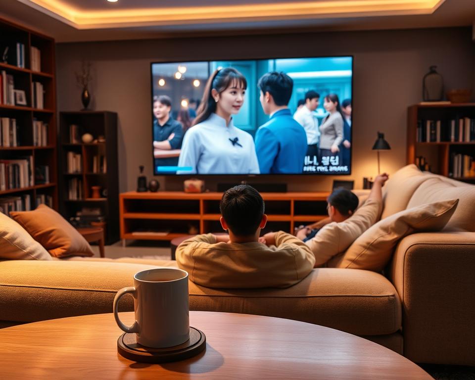 A cozy living room with a person comfortably seated on a plush sofa, watching a large high-definition television screen displaying a captivating Korean drama. The room is bathed in warm, ambient lighting, creating a relaxing atmosphere. In the foreground, a modern coffee table holds a mug of hot beverage, perhaps tea or coffee. Bookshelves line the walls, hinting at the user's diverse interests. The overall scene conveys a sense of contentment and immersion in the engaging world of Korean entertainment.
