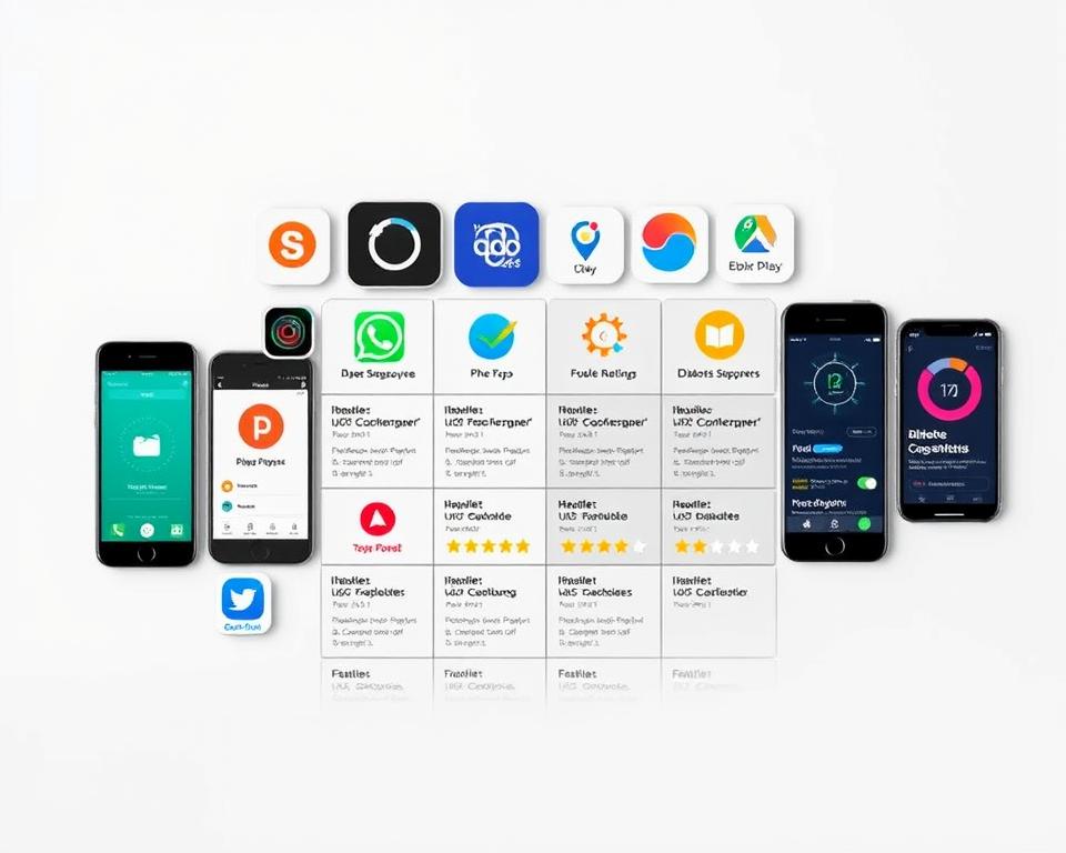 A detailed comparison of popular diabetes management apps, showcased against a clean, minimalist background. The apps are arranged in a dynamic, grid-like layout, allowing easy comparison of their key features and user ratings. The lighting is soft and diffused, creating a professional, informative atmosphere. The camera angle is slightly elevated, providing a comprehensive overview of the app selection. The color palette is subdued, with muted tones that complement the medical/health theme. The overall composition emphasizes the objective, data-driven nature of the comparison, inviting the viewer to explore and evaluate the best apps for their diabetes management needs.