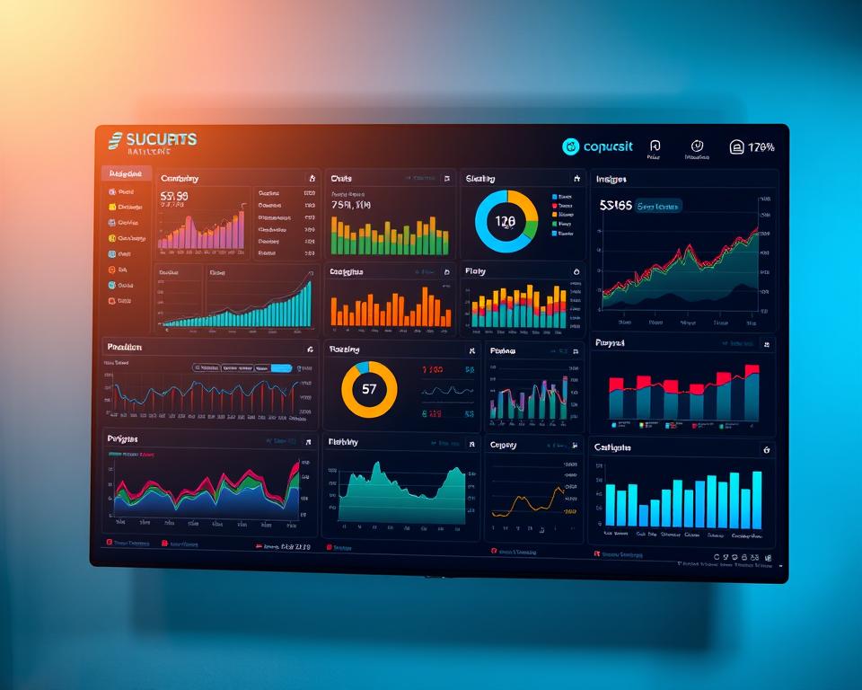 A detailed data analytics dashboard filled with colorful graphs, charts, and visualizations. A sleek, modern interface with clean lines and minimalist design. Soft, ambient lighting creates a professional, focused atmosphere. The dashboard displays various metrics and insights related to glucose monitoring, seamlessly integrating data to provide a comprehensive overview of the user's health. Subtle textures and gradients add depth and dimensionality to the digital interface. The overall impression is one of efficiency, clarity, and user-friendly data analysis.
