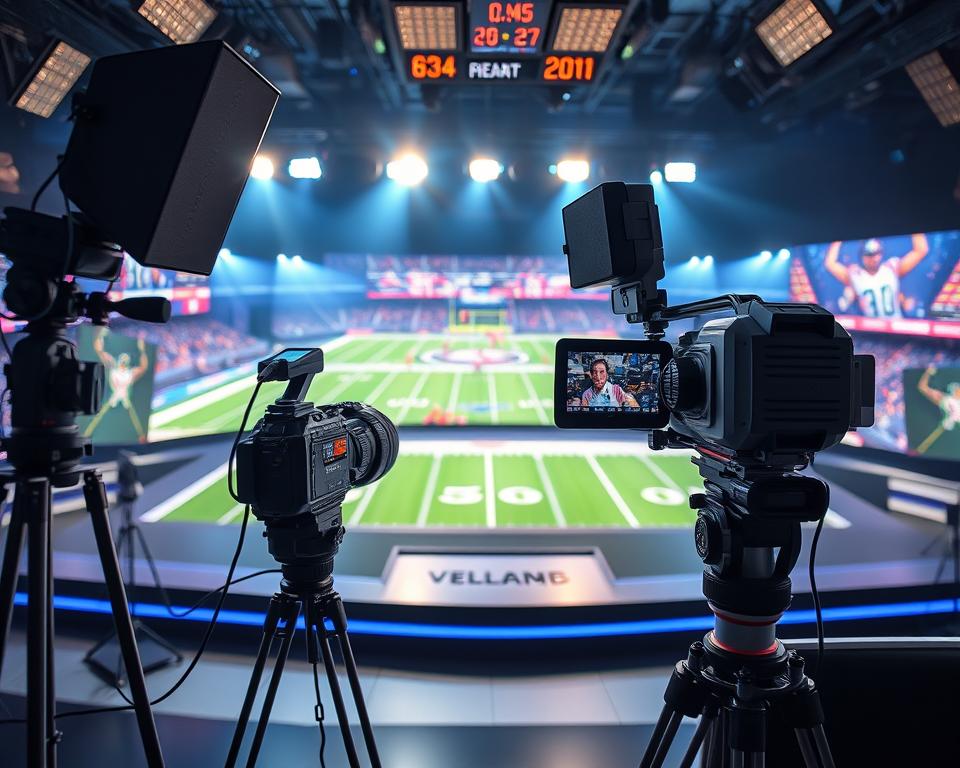 A high-quality broadcast studio for streaming American football, with a professional camera setup, dynamic lighting, and a large, vibrant screen displaying live sports action. The scene should convey a sense of immersion and excitement, capturing the energy and intensity of premium American football content. The overall aesthetic should be sleek, modern, and visually striking, reflecting the specialized and premium nature of the streaming experience.