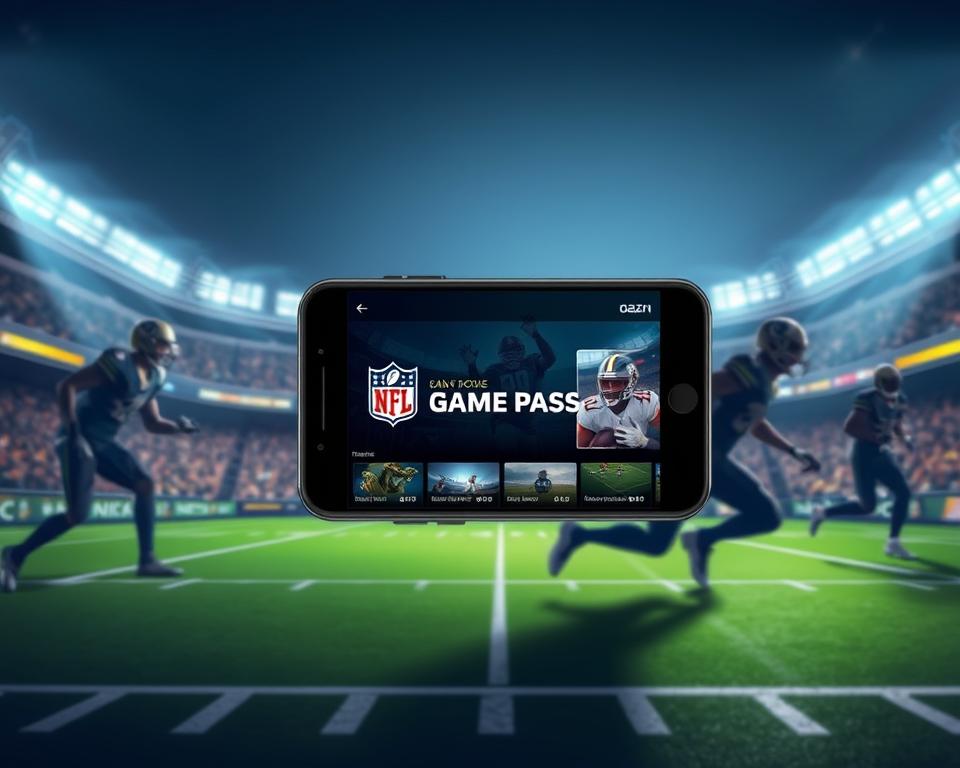 A high-quality digital illustration depicting the DAZN app interface showcasing the NFL Game Pass service, set against a backdrop of a professional American football stadium. The foreground features the DAZN logo and branding prominently displayed, with the Game Pass interface and content shown in vivid detail. The middle ground includes the silhouettes of football players in action, captured in a dynamic, motion-blurred style. The background depicts the stadium's exterior, with floodlights illuminating the scene and creating a sense of energy and anticipation. The overall tone is sleek, modern, and visually compelling, reflecting the premium nature of the DAZN service and the excitement of the NFL experience.