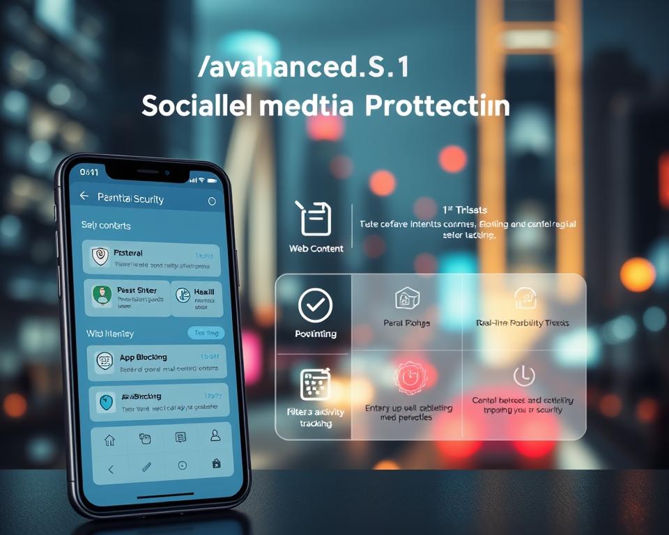 A high-tech digital security interface with advanced social media protection features. In the foreground, a sleek smartphone display showcases intuitive parental control options, filtering and monitoring capabilities. In the middle ground, stylized icons and infographics illustrate key protective functionalities like web content filtering, app blocking, and real-time activity tracking. The background features a blurred, futuristic cityscape with glowing neon accents, conveying a sense of cutting-edge technology and comprehensive digital safeguarding. Dramatic lighting and moody, desaturated tones evoke a serious, professional tone befitting enterprise-level social media security. A high-tech digital security interface with advanced social media protection features. In the foreground, a sleek smartphone display showcases intuitive parental control options, filtering and monitoring capabilities. In the middle ground, stylized icons and infographics illustrate key protective functionalities like web content filtering, app blocking, and real-time activity tracking. The background features a blurred, futuristic cityscape with glowing neon accents, conveying a sense of cutting-edge technology and comprehensive digital safeguarding. Dramatic lighting and moody, desaturated tones evoke a serious, professional tone befitting enterprise-level social media security.