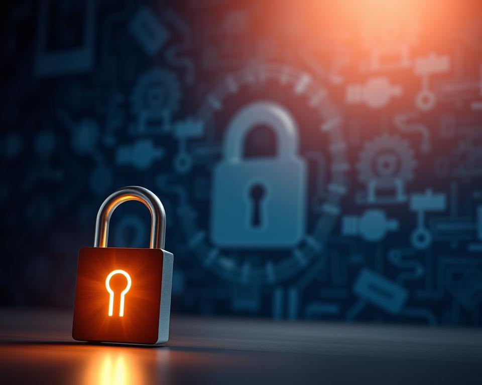 A secure digital fortress, protecting personal data and online accounts. In the foreground, a sturdy lock icon symbolizes the robust security measures, casting a comforting glow. The middle ground depicts a stylized padlock, its intricate mechanisms suggesting advanced encryption techniques. In the background, a serene gradient backdrop evokes a sense of digital tranquility, free from prying eyes. Soft directional lighting illuminates the scene, creating depth and emphasizing the importance of safeguarding one's online presence. This image conveys the essential steps to shield personal information and maintain control over digital assets, empowering users to navigate the modern digital landscape with confidence.