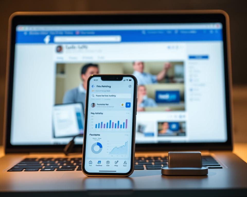 A sleek, modern mobile app interface showcasing a Facebook profile monitoring dashboard. In the foreground, a smartphone displays the app's clean, intuitive design with various analytics and insights about the user's profile activity. The middle ground features a blurred background of the Facebook platform, emphasizing the app's integration. The scene is bathed in a soft, neutral lighting that creates a calming, professional atmosphere, captured from a slightly elevated, angled perspective to highlight the app's functionality. The overall aesthetic conveys a sense of control and digital empowerment for the user.