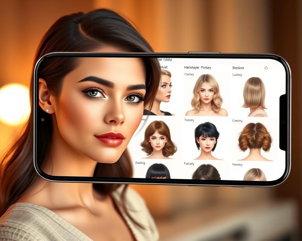 A sleek, modern mobile app interface with a 3D, AI-powered hairstyle simulation feature. The foreground shows a stylish woman's face, her features subtly enhanced, as she virtually tries on different haircuts - short, long, textured, and more. The middle ground displays a selection of virtual hairstyles, rendered with photorealistic detail. The background has a blurred, minimalist design with soft gradients, placing the focus on the interactive hair customization experience. Warm, indirect lighting creates depth and dimension, while a clean, contemporary aesthetic reinforces the app's intuitive, high-tech capabilities.