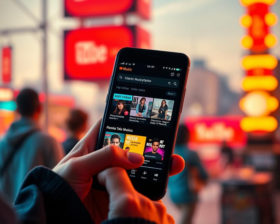 A vibrant and nostalgic scene showcasing the YouTube Music experience. In the foreground, a user is immersed in the app, exploring a selection of classic music videos and playlists. The mid-ground features a visually striking and retro-inspired user interface, with vibrant colors, bold typography, and intuitive controls. In the background, a blurred cityscape or landscape sets the stage, hinting at the seamless integration of music and video that YouTube Music provides. The overall mood is one of warm, inviting nostalgia, capturing the essence of a unique multimedia experience.