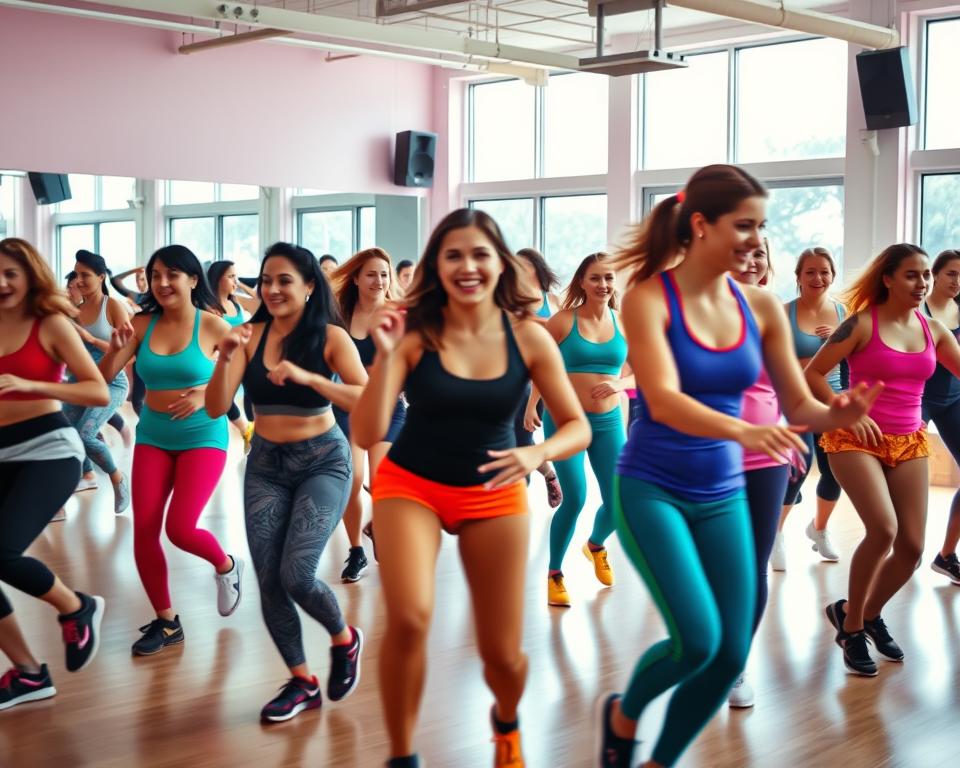 A vibrant dance studio with a dynamic Zumba class in session. In the foreground, a group of energetic participants move in sync to the pulsing beat, their bodies a blur of motion. Colorful activewear, bold dance steps, and joyful expressions fill the frame. The middle ground reveals a well-equipped studio, with mirrored walls, high ceilings, and professional-grade audio equipment providing the energizing soundtrack. The background showcases large windows, allowing natural light to flood the space and create a sense of openness and vitality. The overall atmosphere is one of contagious enthusiasm, as the participants lose themselves in the rhythm and camaraderie of the Zumba experience.