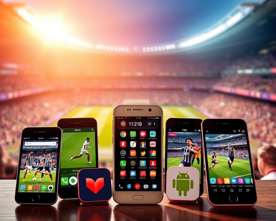 A vibrant, dynamic image showcasing a collection of mobile apps for live football streaming. In the foreground, several smartphone screens display different sports apps, each featuring a live match with players in action. The middle ground highlights app icons and logos, conveying the variety of options available. The background depicts a blurred stadium scene, with cheering fans and the pitch in the distance, setting the atmosphere of an exciting live football event. The lighting is warm and natural, creating a sense of energy and engagement. The overall composition emphasizes the convenience and accessibility of these apps, enabling football enthusiasts to never miss a match.
