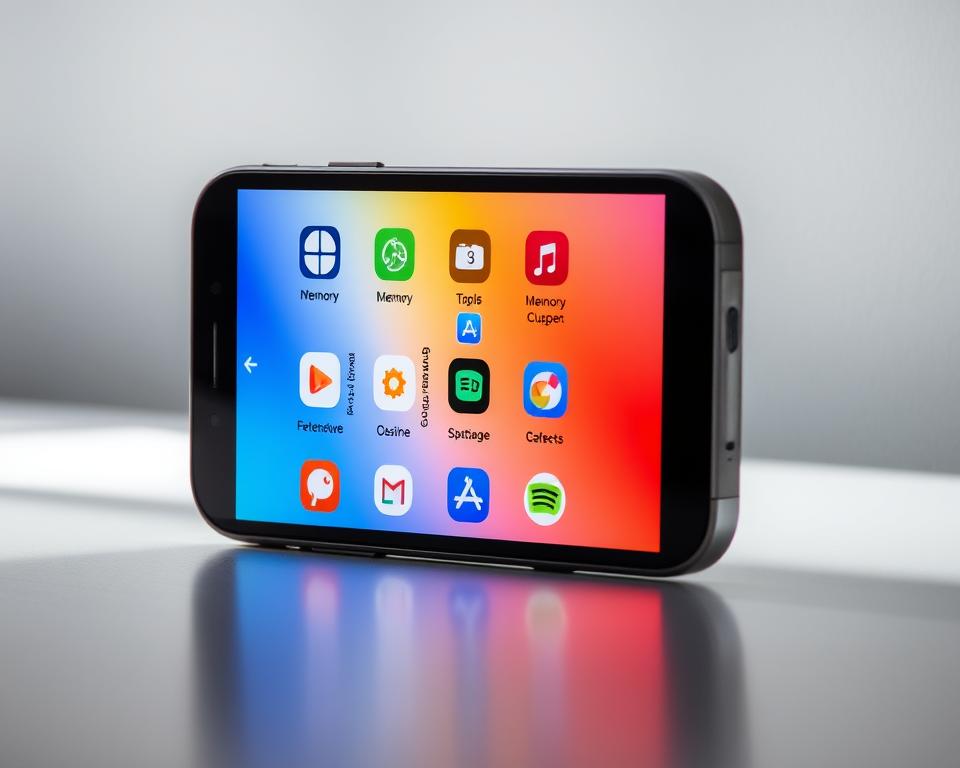 A vibrant, modern smartphone screen displaying a collection of memory optimization mobile apps, showcased against a sleek, minimalist background. The apps are arranged in a visually appealing grid layout, each with distinct icons and labels, highlighting their respective features and capabilities. The scene is illuminated by soft, directional lighting, casting subtle shadows and accentuating the clean, user-friendly interface. The overall composition conveys a sense of efficiency, productivity, and the ability to streamline smartphone memory management, perfectly capturing the essence of the article's subject and section title.
